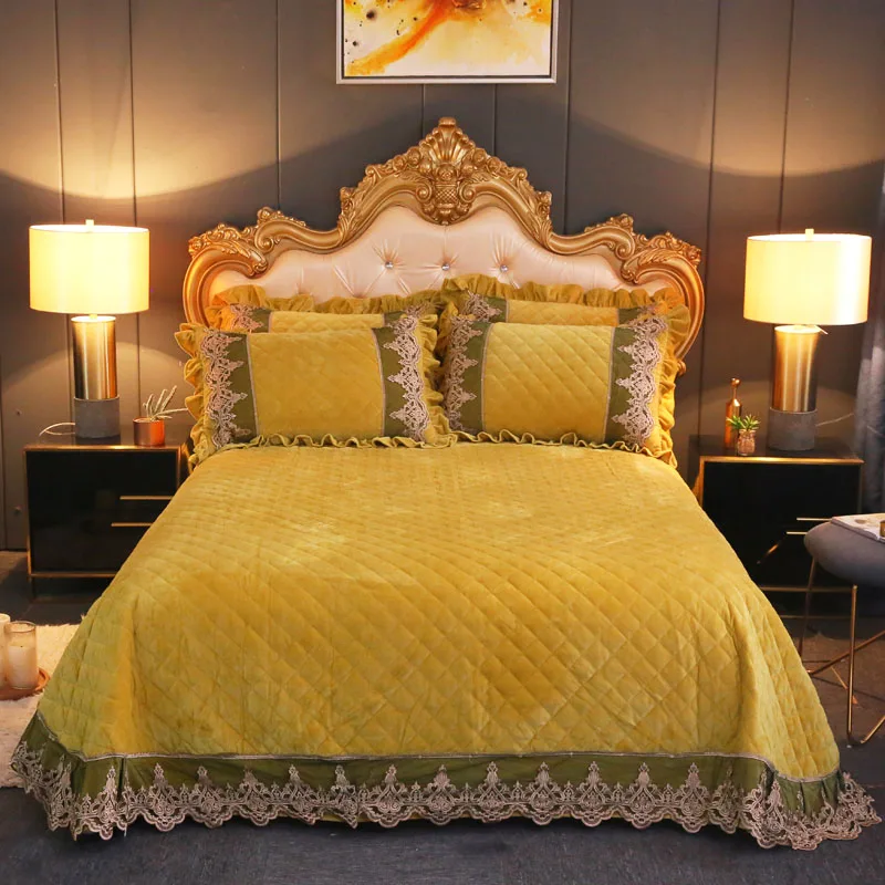 Dark Gray Thicken Flannel Velvet Fleece Quilted Gold Lace Bedspread Pillowcases Bed Cover Sheet Mattress cover Bedding Set | Дом и сад