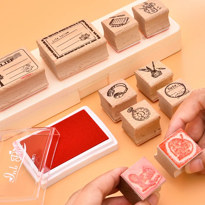 Деревянные Мультяшные печатные уплотнения набор студентов ретро печать декор
