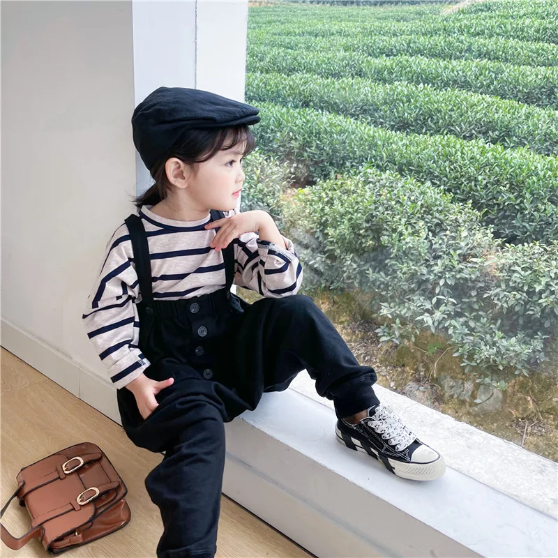 

2021 Spring Girl's Suit 2 Pcs cotton long sleeve striped shirt And Bib Suit