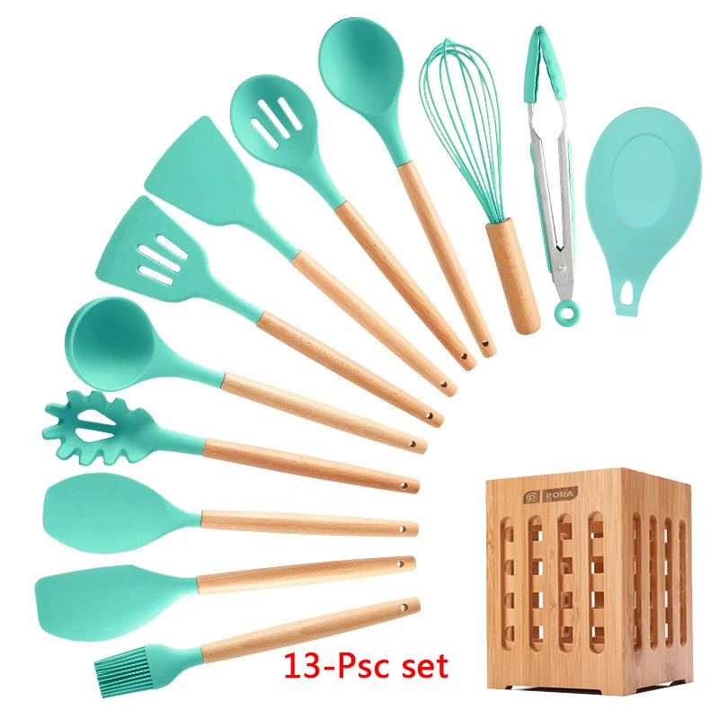 13- kitchen set Набор для кухни, 11/12 предметов. силиконовых кухонный набор, антипригарная, деревянная, ручка, набор кухонных инструментов, набор кухонных принадлежностей, c держателем коробка, для готовки,кухонная утварь - Цвет: 13- kitchen set