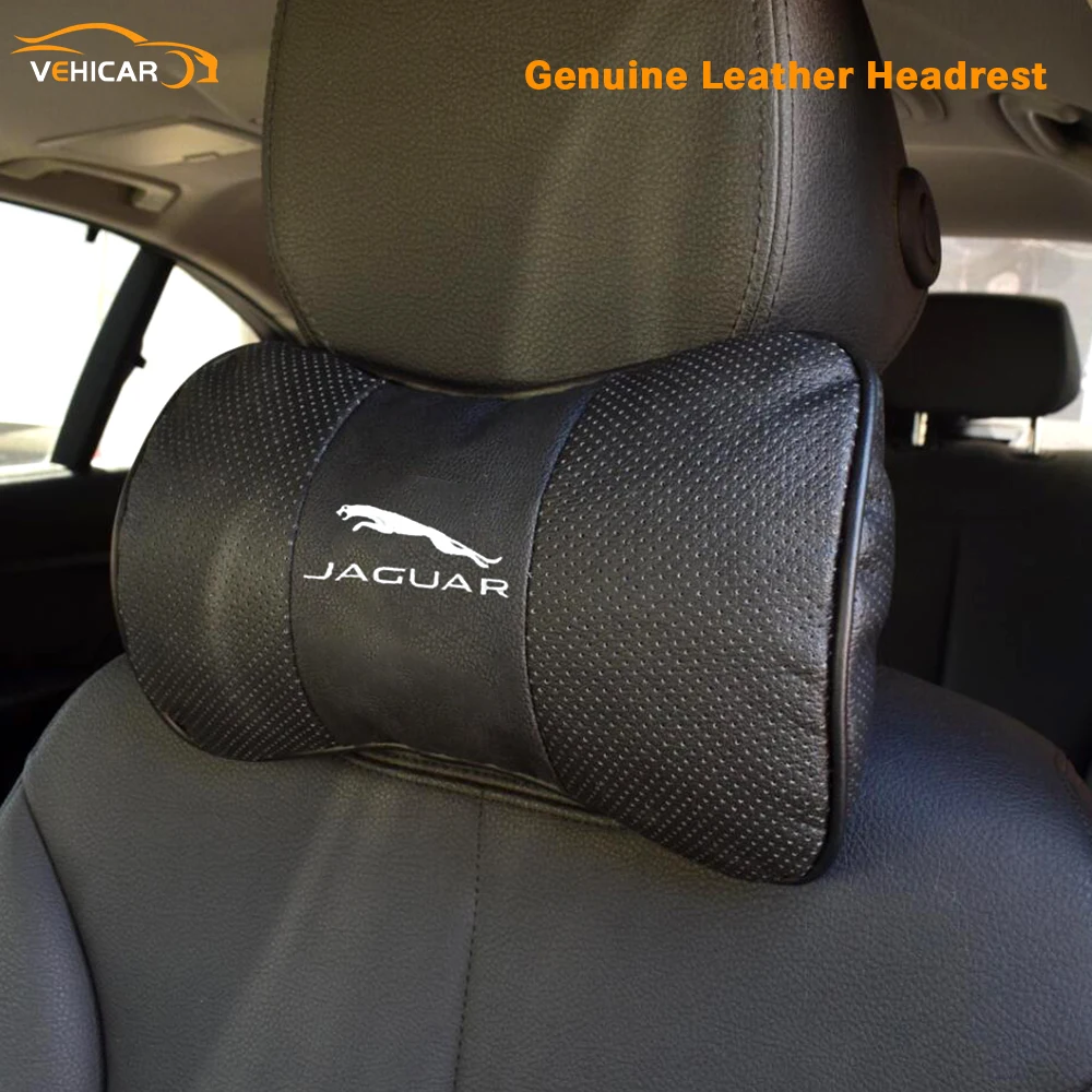 

VEHICAR Car Headrest Neck Pillow Auto Original Genuine Leather Neck Support Pillow For JAGUAR Auto Logo Knitting Headrest