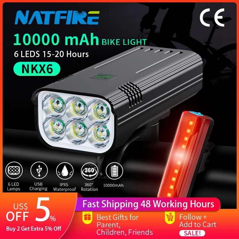 NATFIRE 10000 mAh 자전거 라이트 방수 USB 충전식 LED 자전거 라이트 슈퍼 밝은 손전등 사이클링 전면/후면 라이트
