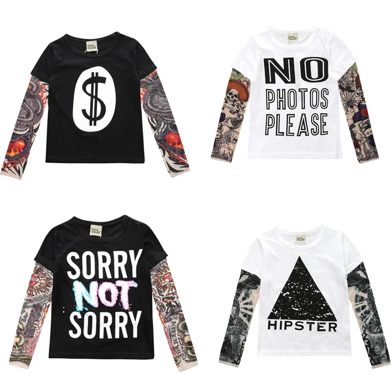 Новинка Детские футболки с длинными рукавами и рисунком татуировки хлопковая