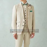 2021 Latest Classic Linen Beige Beach Suits for Wedding Slim Fit Best Man Groom Dress Tuxedo Set Blazer Vest Pants 3 Pieces Set