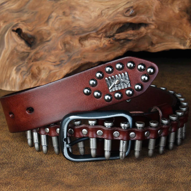 

CETIRI Punk Bullet Rivet Belt Men's Top Grain Real Leather Belt Pin Buckle Belt For Jeans Female Personality Cool Gift