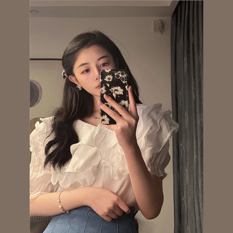 

Summer Korean Style 2021 New Design Sense Ruffled Fairy Western Style Youthful-Looking Loose Long Sleeve Shirt Top Women