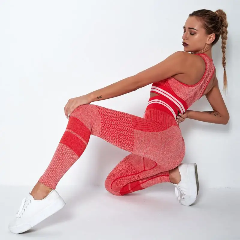 

Seamless Women Sets Sports Fitness Leggings Workout Cropped Top Black Womens Two Piece Set Ladies Activewear Striped Gym Clothes