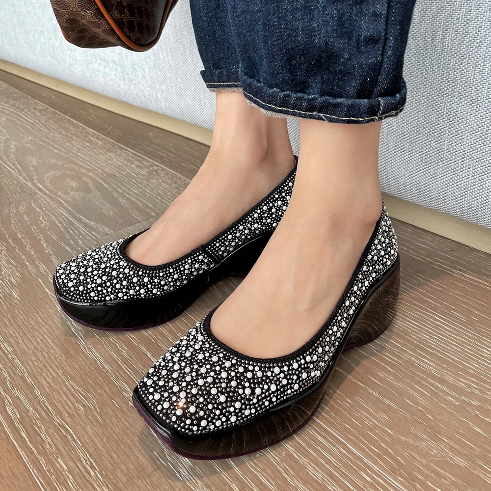 Fashion Spring Summer Women Platform Shoes High Heels Ladies Square Toes Pumps Wedges Rhinestone Girl Footwear Black White | Обувь