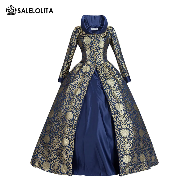Женское жаккардовое платье с синим принтом длинное в викторианском стиле модель