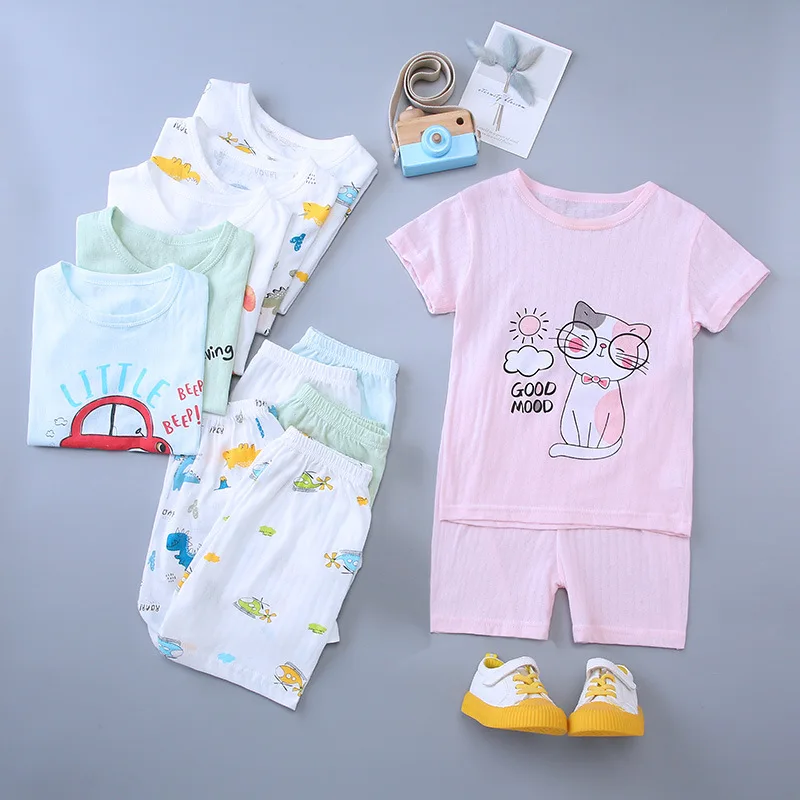 

New Teens Baby Girl Cotton Clothing Sets Summer Children Short Sleeve Short Pant Homewear Suits Boys Cartoon Sportswears Clothes