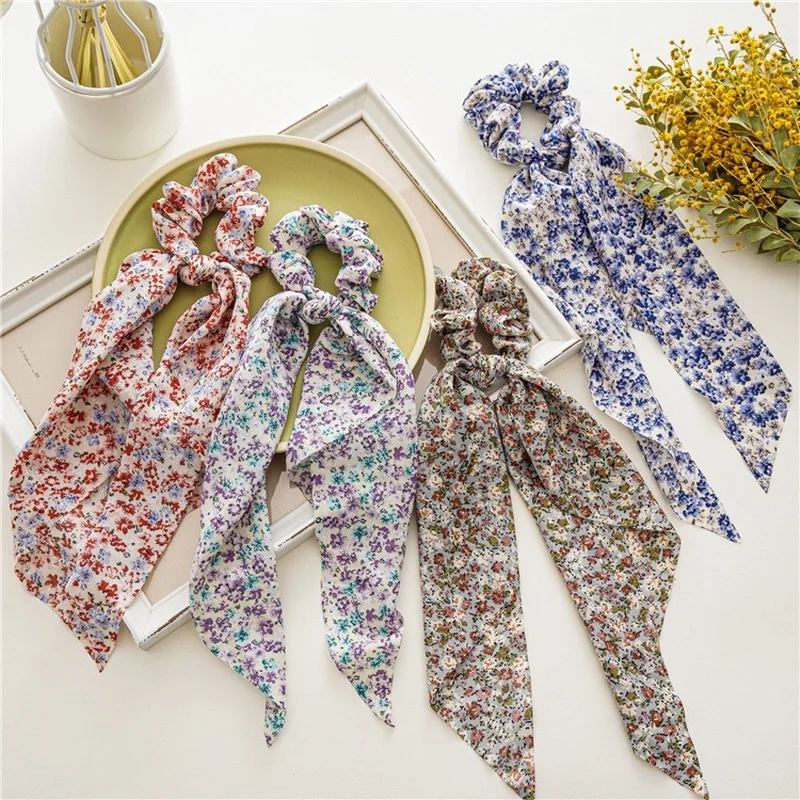 

Vintage Floral Print Ribbon Hair Scarf Women Fashion Ponytail Holder Scrunchie Hair Accessories Elastic Hair Band Girl Headwear