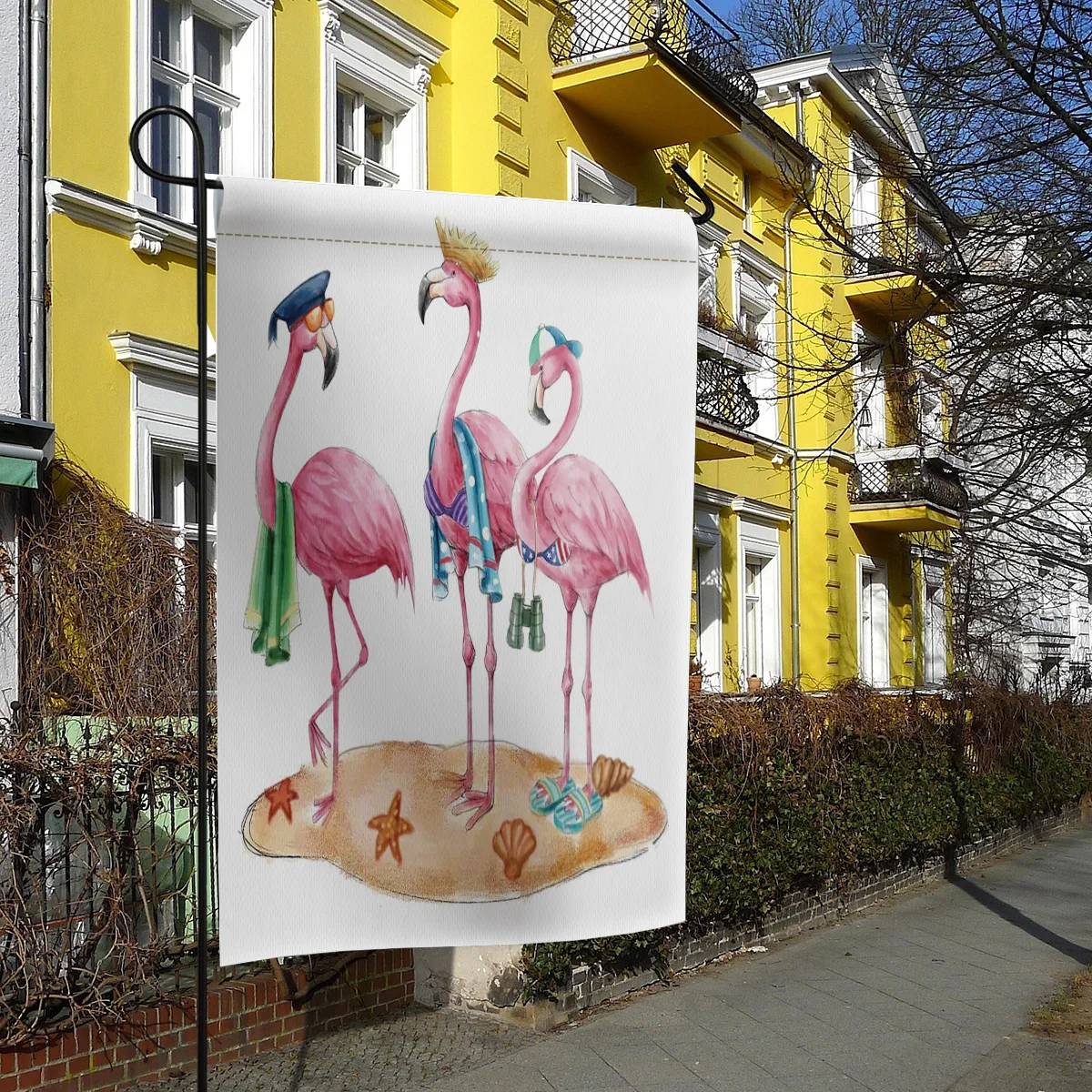 Садовый флаг скандинавский фламинго мультяшный домик двухсторонний