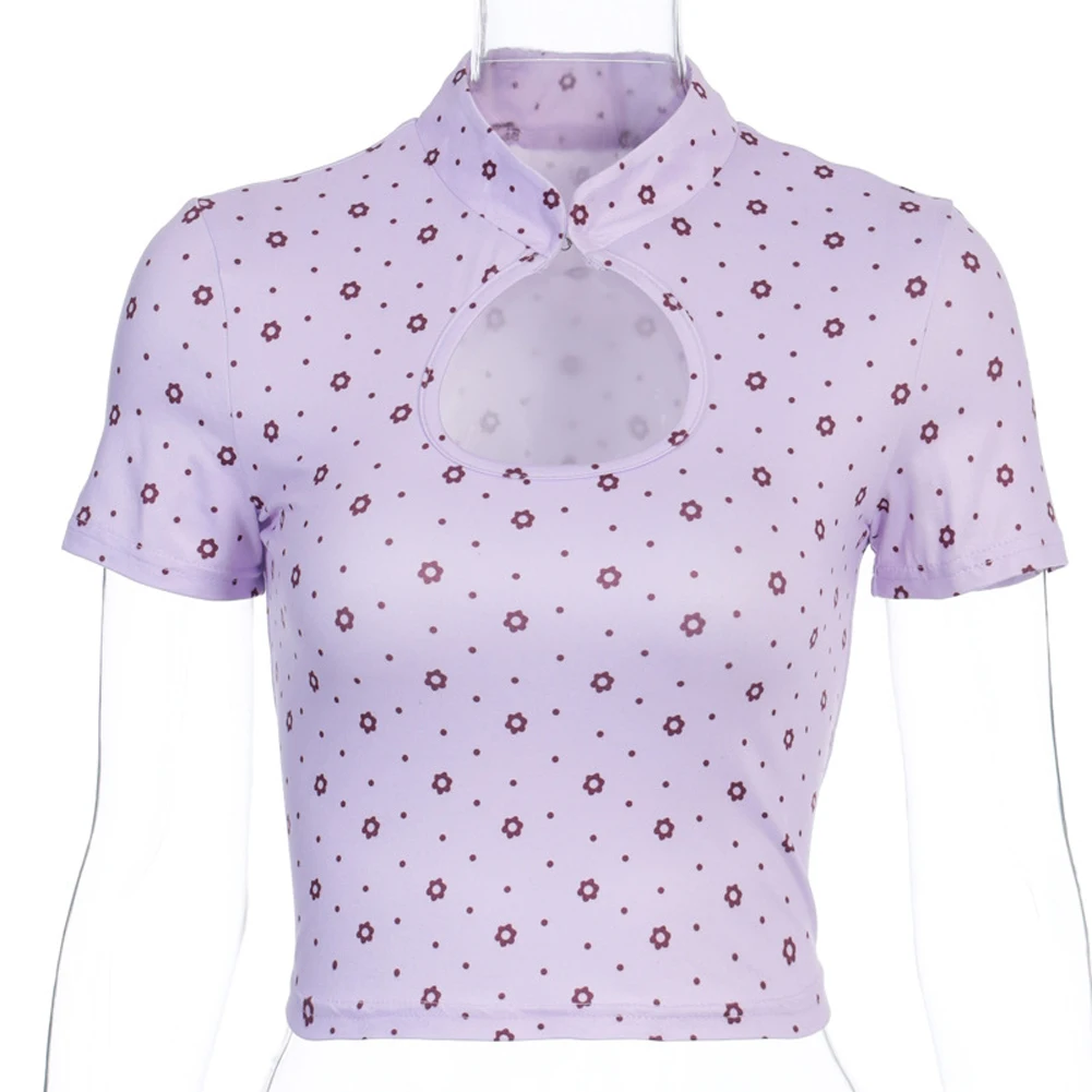 Женская тонкая сексуальная облегающая футболка с воротником стойкой и цветочным