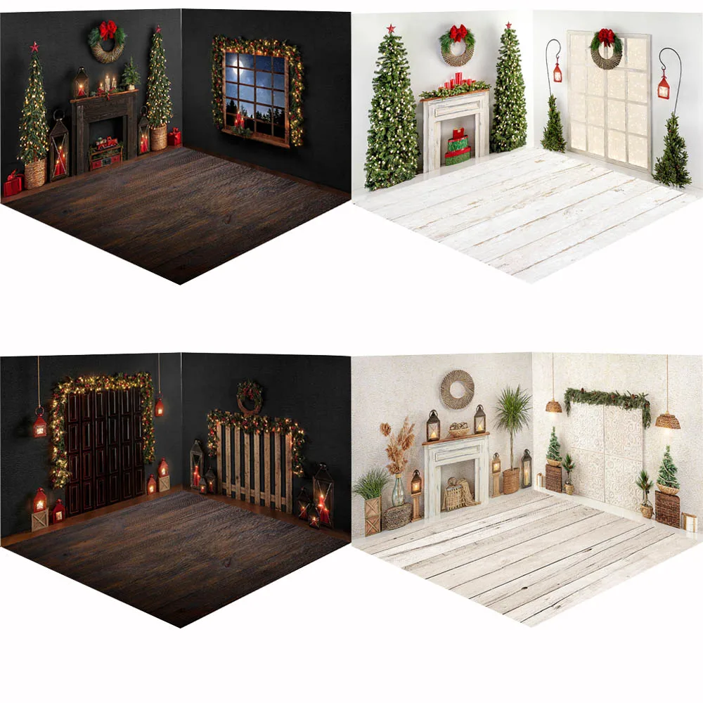 

Christmas Tree Fireplace Props For Photography Background White Wall Wreath Window Child Family Portrait Backdrop Photo Studio