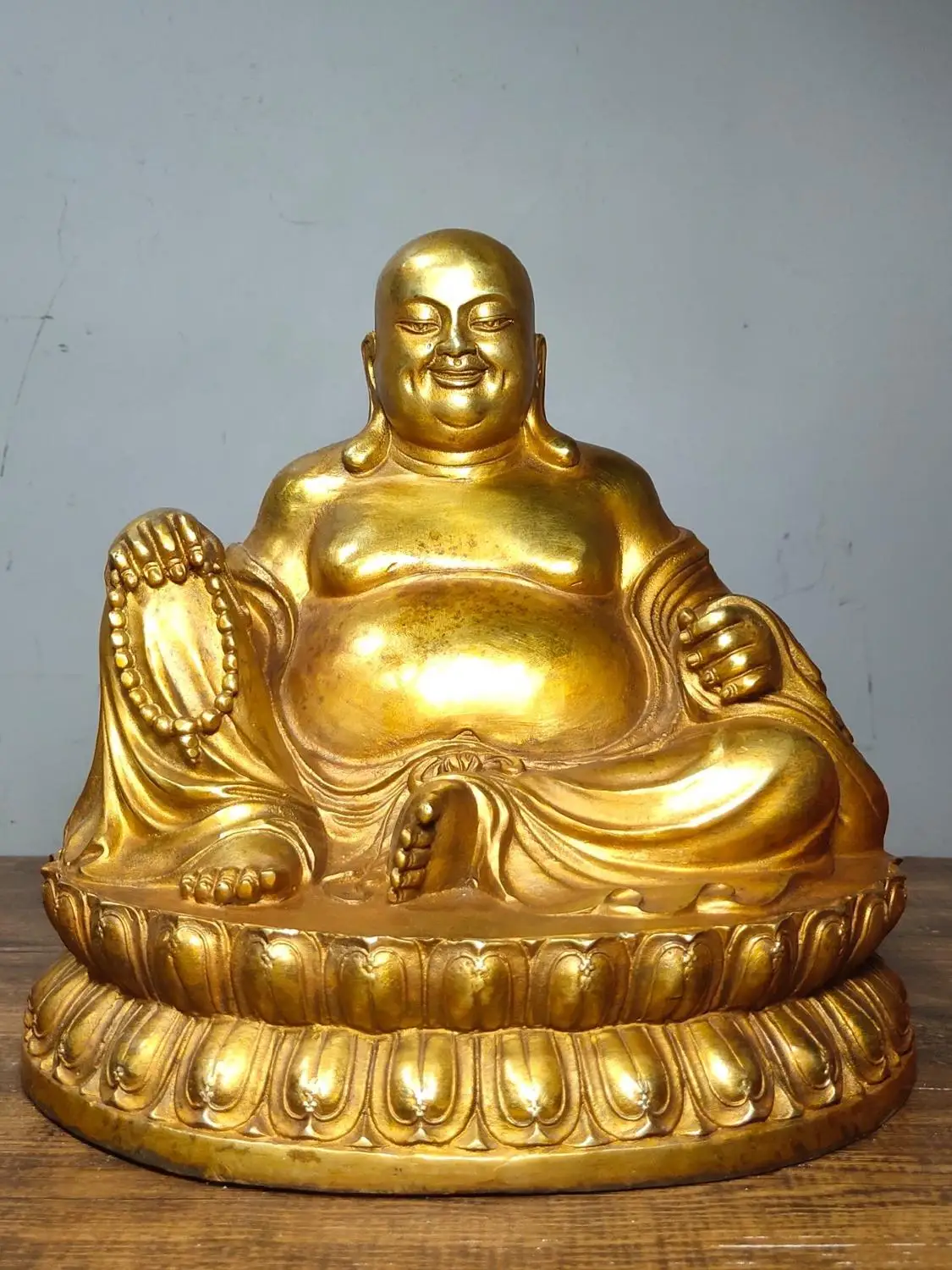 

Home Decor 9" Tibet Buddhism Temple Old Bronze Gilt Big belly Maitreya Buddha statue Amitabha Enshrine the Buddha