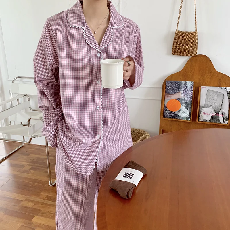 

Harajuku Cute Gentle Chic Pajamas Sets Plaid Sweet Sleepwear All Match Elegance Warm Homewear Women Soft Home Clothes