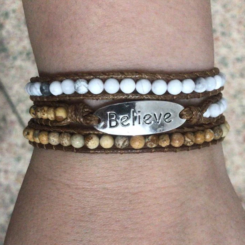 RH Fashion Boho Bracelet Armbander Believe Metal Charm Natural Stones 3 Strands Woven Wrap Bracelets Dropshipping | Украшения и