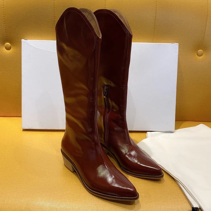 

Luxury Chunky Boots Women 2021 Retro Knee High Pointed Toe Wedges Genuine Leather Female Shoes Platform Booties Winter