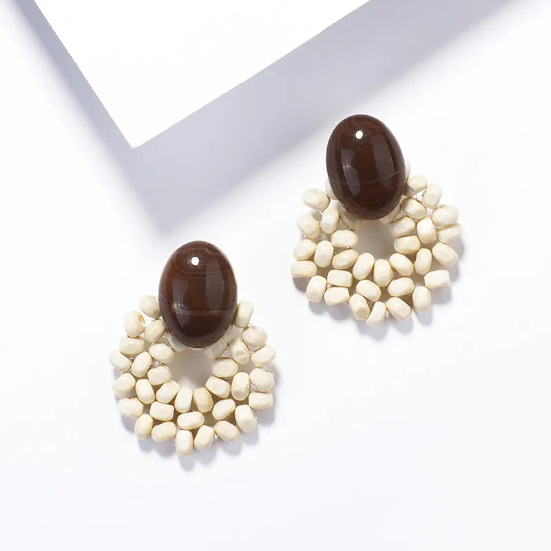 Brown Beads AENSOA этнические деревянные геометрические круглые овальные квадратные висячие серьги винтажные коричневые массивные серьги из акриловой смолы модные ювелирные изделия - Окраска металла: Brown Beads
