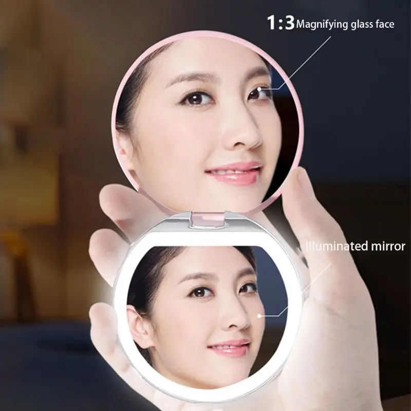 

Creative LED Lighted Mini Round Makeup Mirror 3X Magnifying Compact Travel Portable USB Rechargeable Dimmable Cosmetic Tool U2JD