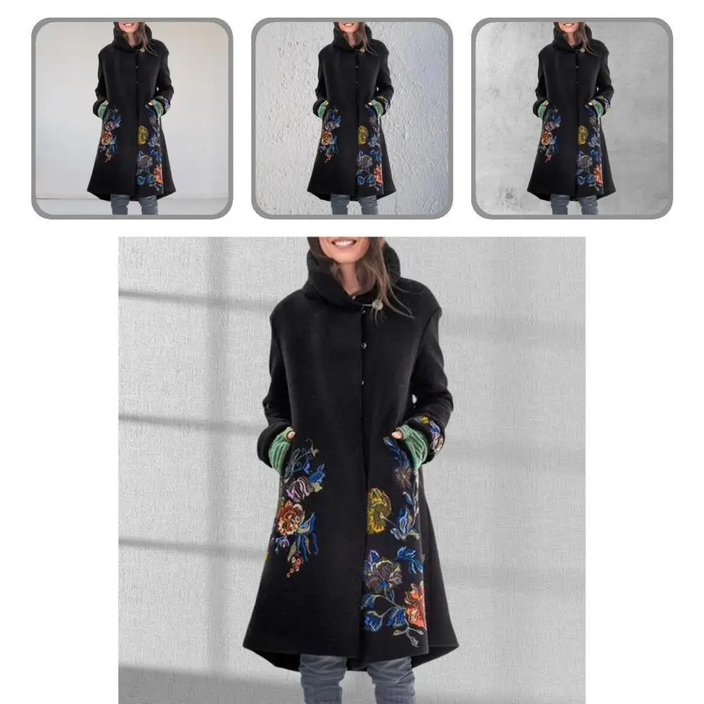 

Stylish Hooded Floral Print Lady Overcoat Jacket All Match Loose Hem