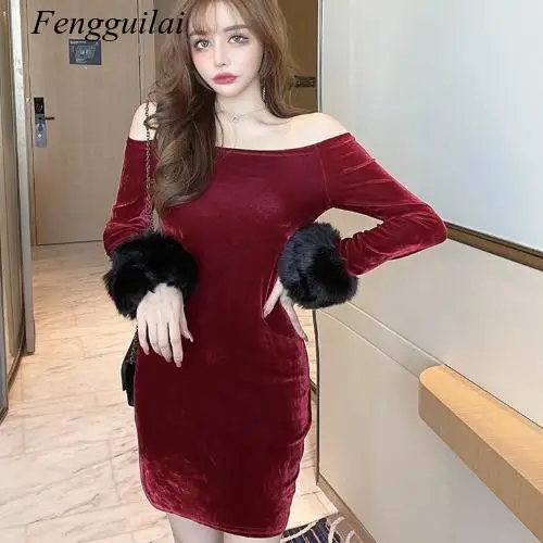 

Fall 2020 New Sexy Strapless One Shoulder Tight Hip Elegant with Fur for Women Party Dress