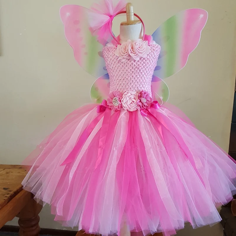

Girls Rainbow Butterfly Fairy Tutu Dress Kids Crochet Flower Dress Ball Gown with Wing and Hairbow Children Party Costume Dress