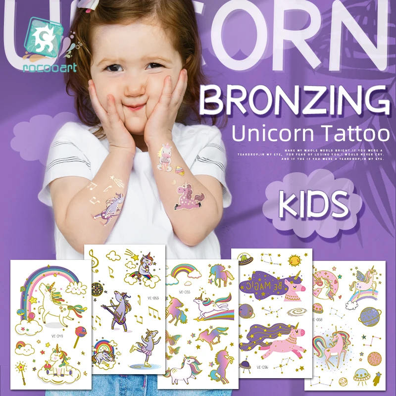 

Rocooart Unicorn Bronzing Cartoon Children's Metallic Gold Body Temporary Flash Tattoos For Kids Glitter Tattoo cute Stickers