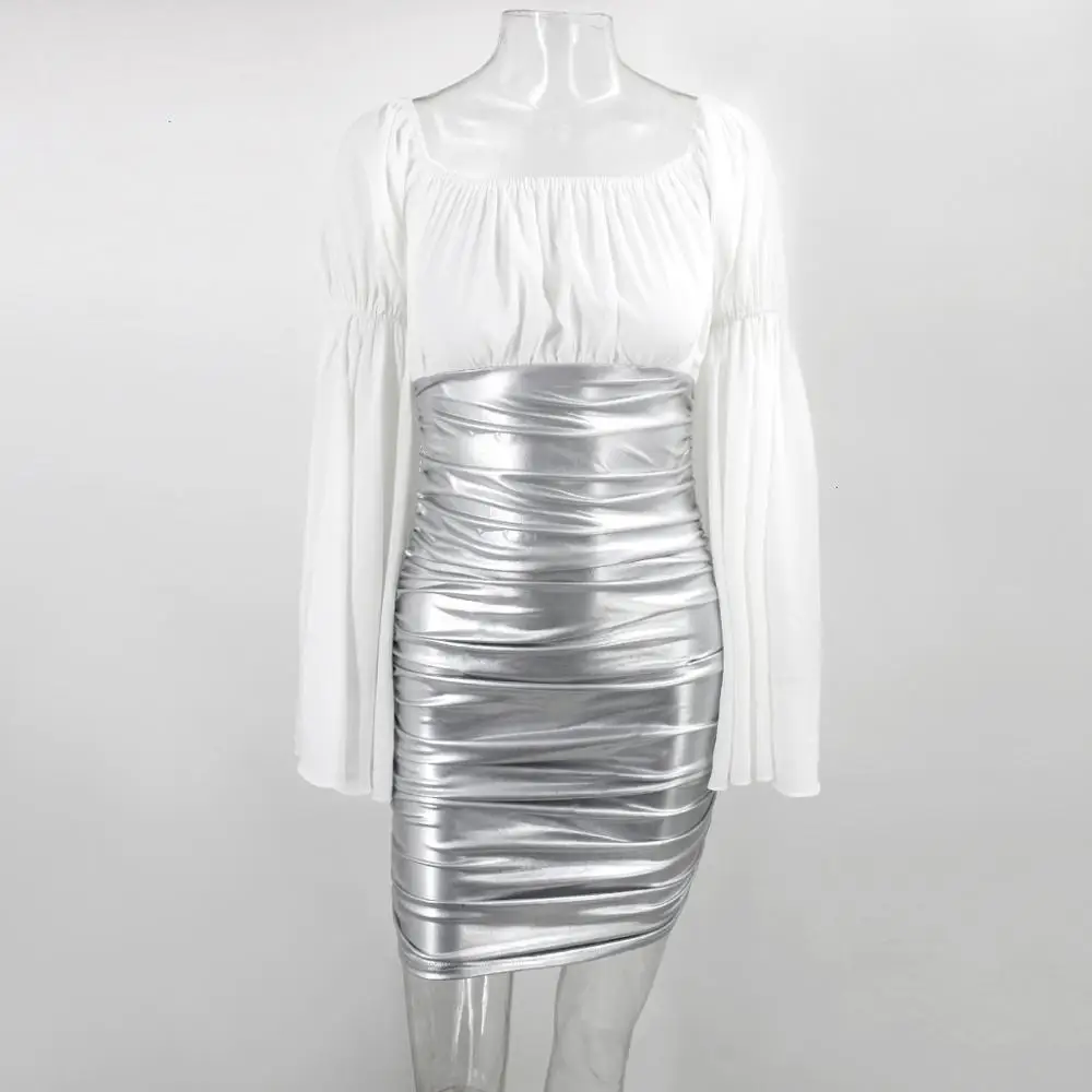 Осеннее шифоновое лоскутное белое сексуальное платье из искусственной кожи