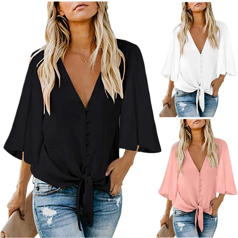 

Summer new women's V-neck shirt ruffled sleeve chiffon shirt women