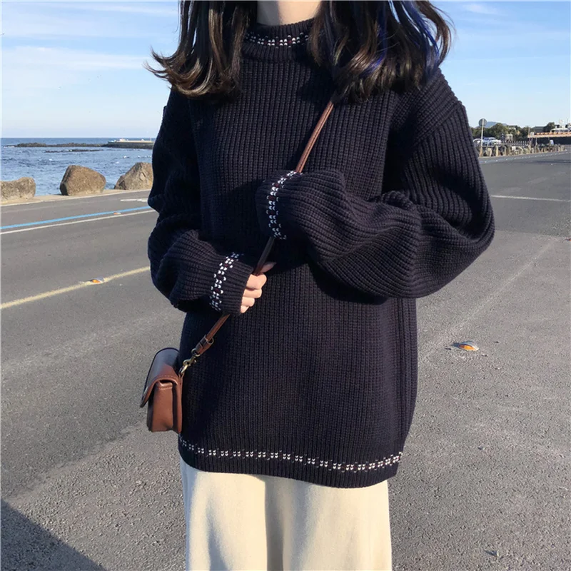 Свитер женский осенне-зимний вязаный с круглым вырезом и длинными рукавами |