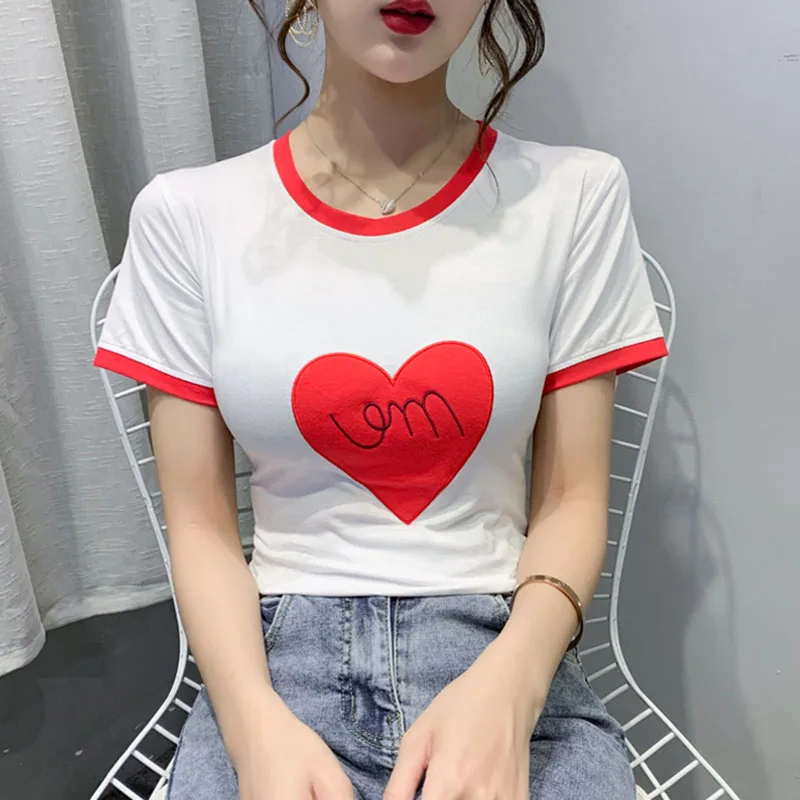 

Short Sleeve T-shirt Women 2020 Summer Love Embroidery Cotton Casual Color Matching Tshirt Korean Style Clothes Tee Shirt Femme