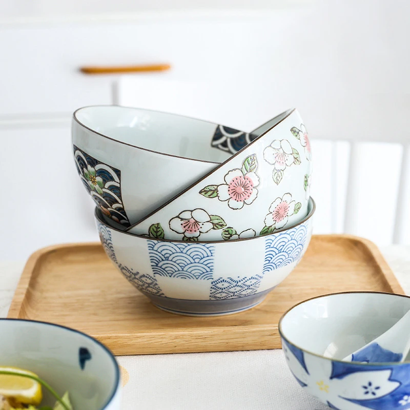 

6.5 inch Japanese Ramen Bowl Ceramic Noodle Bowl Flower Fruit Dinnerware Round Soup Bowl 800ml
