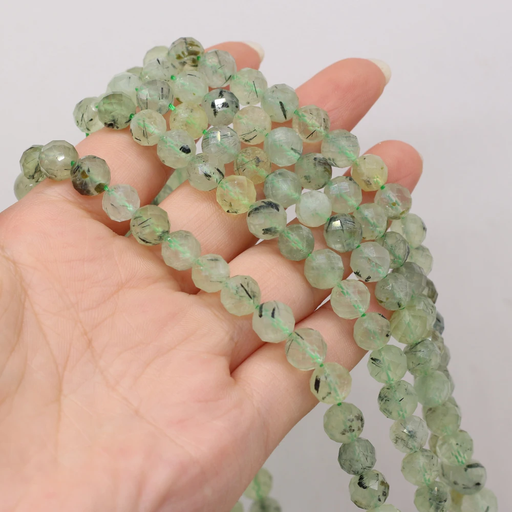

Natural Semi-precious Stone Green Rutilated Quartz Round Faceted Beaded Crafts For Woman Jewelry Making DIYNecklace Healing Gift