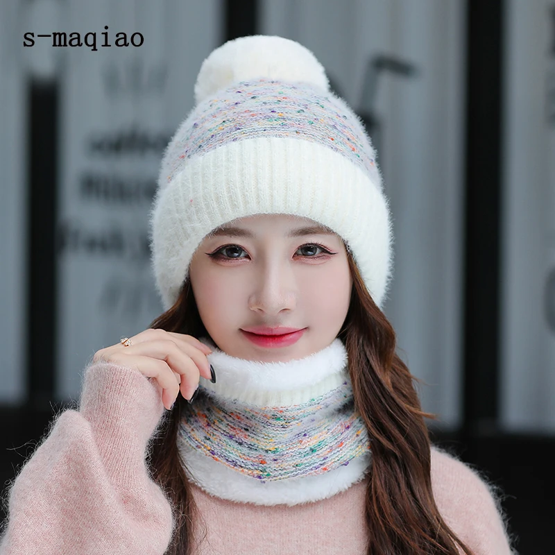 

New Winter Mixed Color Knit Hat Women Fur Pompom Bonnet Hat Scarf Sets Women Outdoor Cycling Velvet Warm Skullies Wool Caps