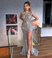 sparkle prom dresses mermaid high collar long sleeves sequins beaded slit sexy long prom gown evening dresses robe de soiree