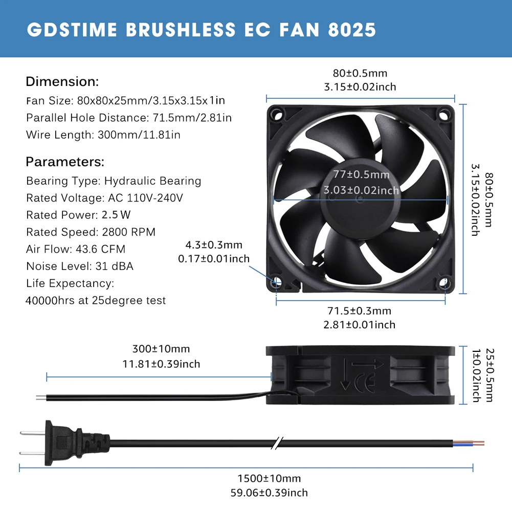 2PCS Gdstime Brushless EC 80mm Fan AC 110V 120V 220V 240V 8CM 8025 80x80x25mm |