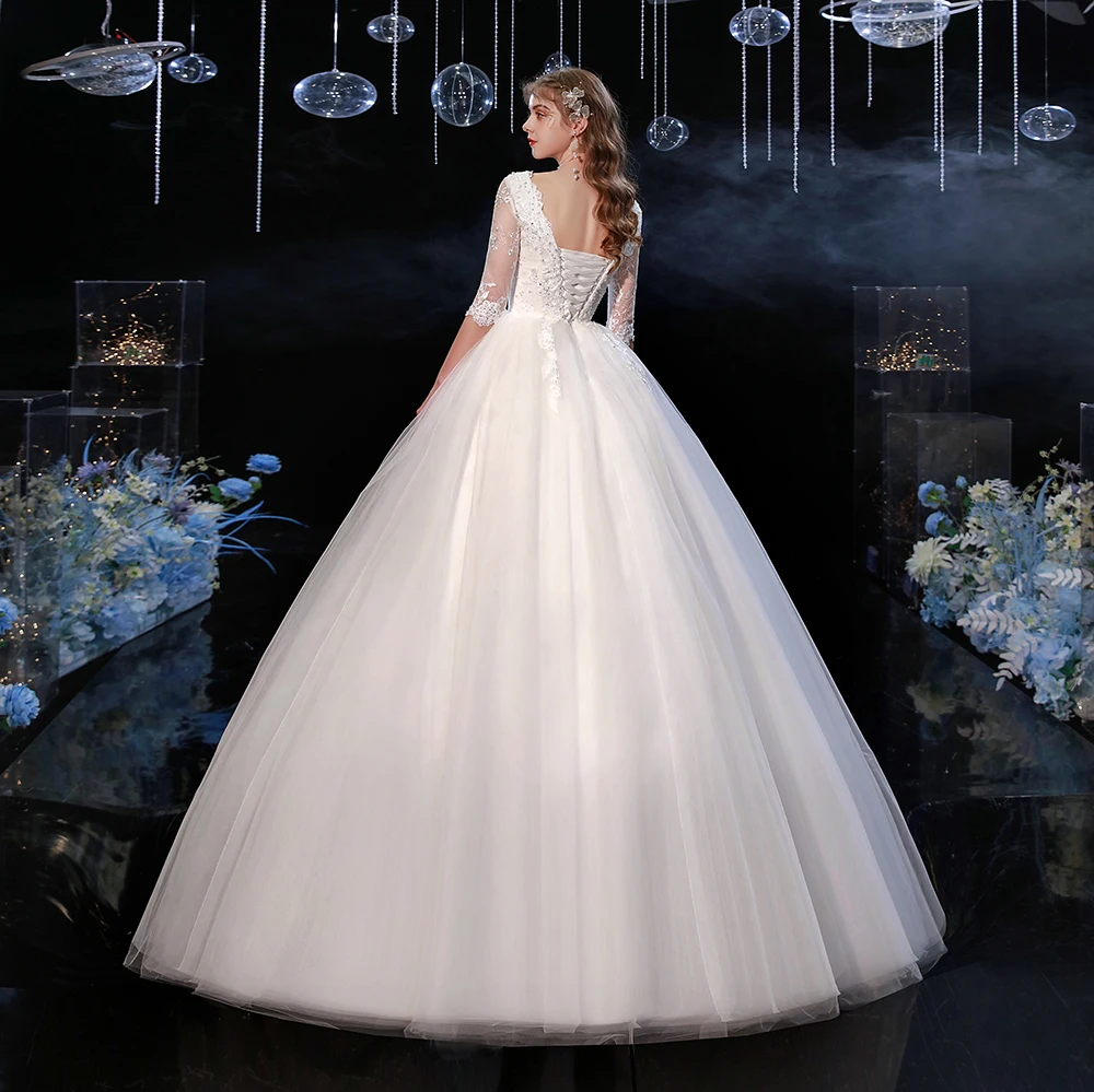 

2021 New Sexy V-neck Half Sleeve Wedding Dress Luxury Lace Sequins Wedding Gowns Noble Floor-length Bride Dress Vestido De Noiva