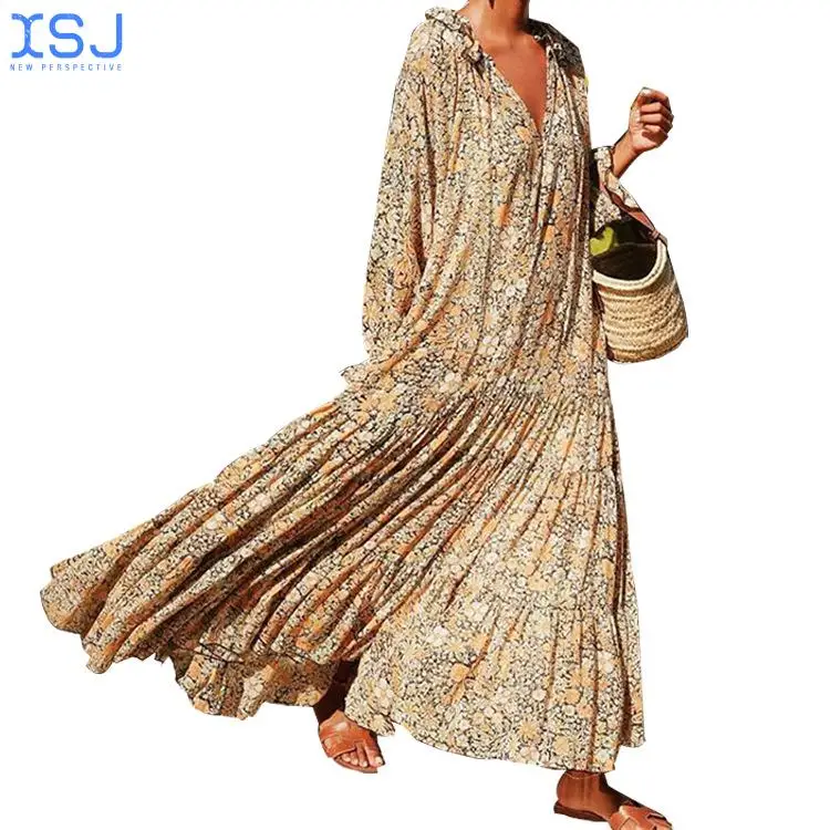 

Elegant High Waist Ladies Dress Summer Sexy V-Neck Floral Floral Print Bohemian Beach Long Sleeve Sundress Dress Vestidos