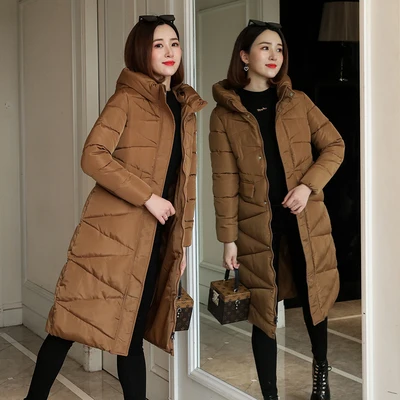 Brown Женские парки размера плюс 3XL, зимнее теплое пальто с капюшоном, тонкая Базовая куртка с хлопковой подкладкой, Женская Повседневная Длинная Верхняя одежда, новинка - Цвет: Brown