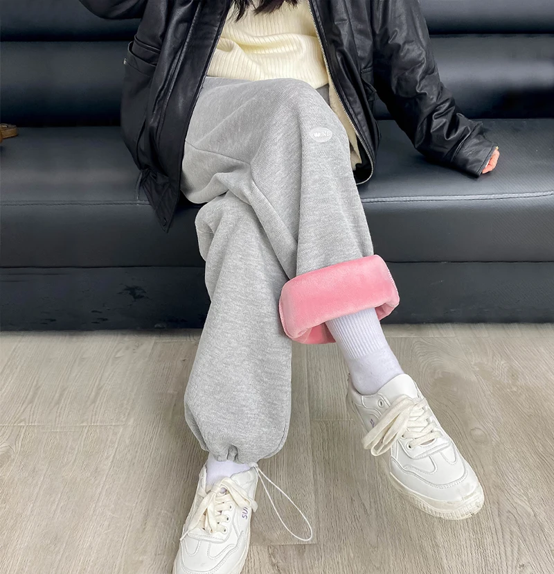 

Plush sports pants women's autumn and winter Nice Pop loose straight tube high waist thin grey thickened Leggings guard pants