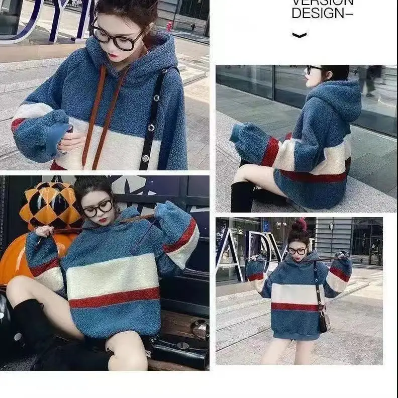 

Plus velvet thickened lamb wool sweater women's color combination long new Korean coat women tide ins autumn and winter