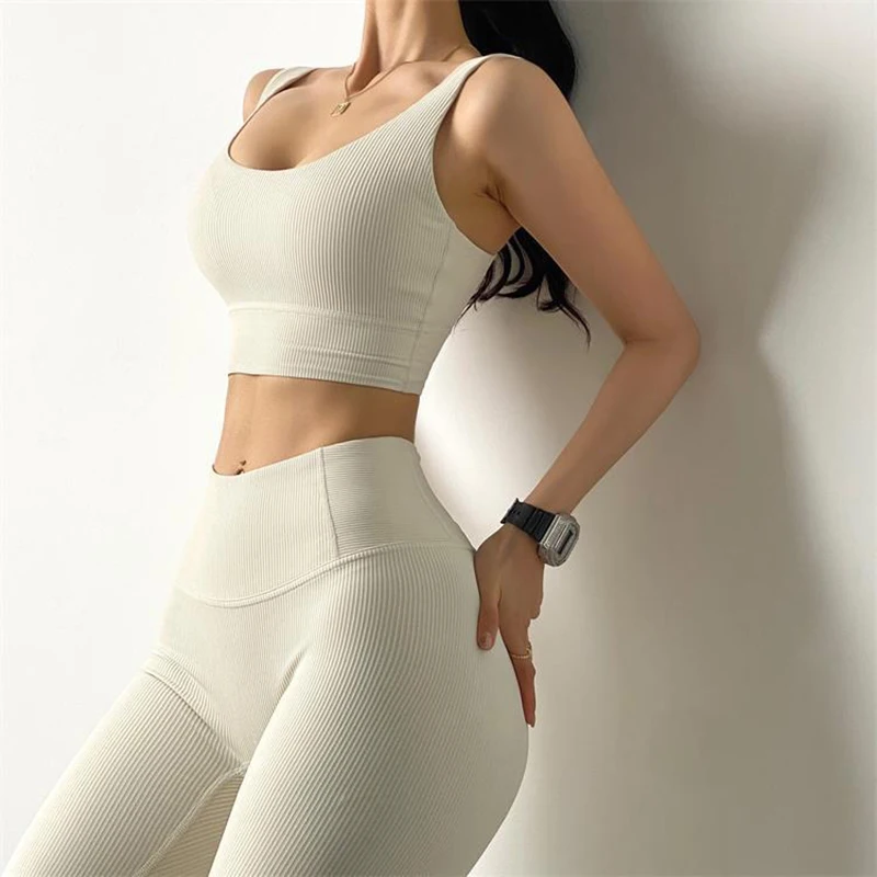 

Sexy Seamless Yoga Set Women Knitted Sport Set Padded Bra High Waist Elastic Slim Leggings 2 Piece Women Fitness Workout Clothes