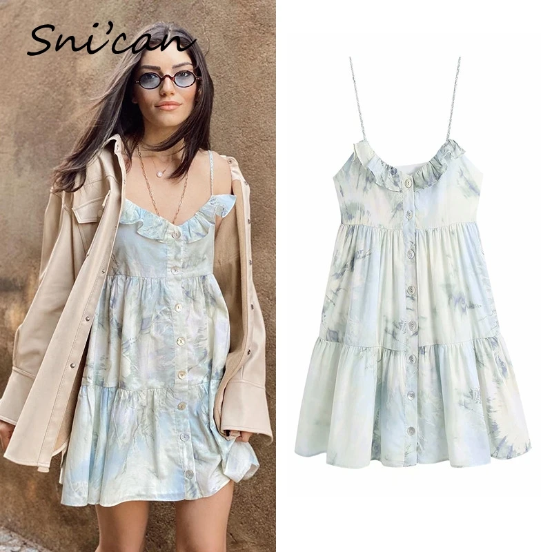 

Snican Summer Tie Dye Buttons Cascading Ruffle Dress Spaghetti Strap V Neck Sexy Mini Robes Femme Vestidos Cortos Za 2021 Women