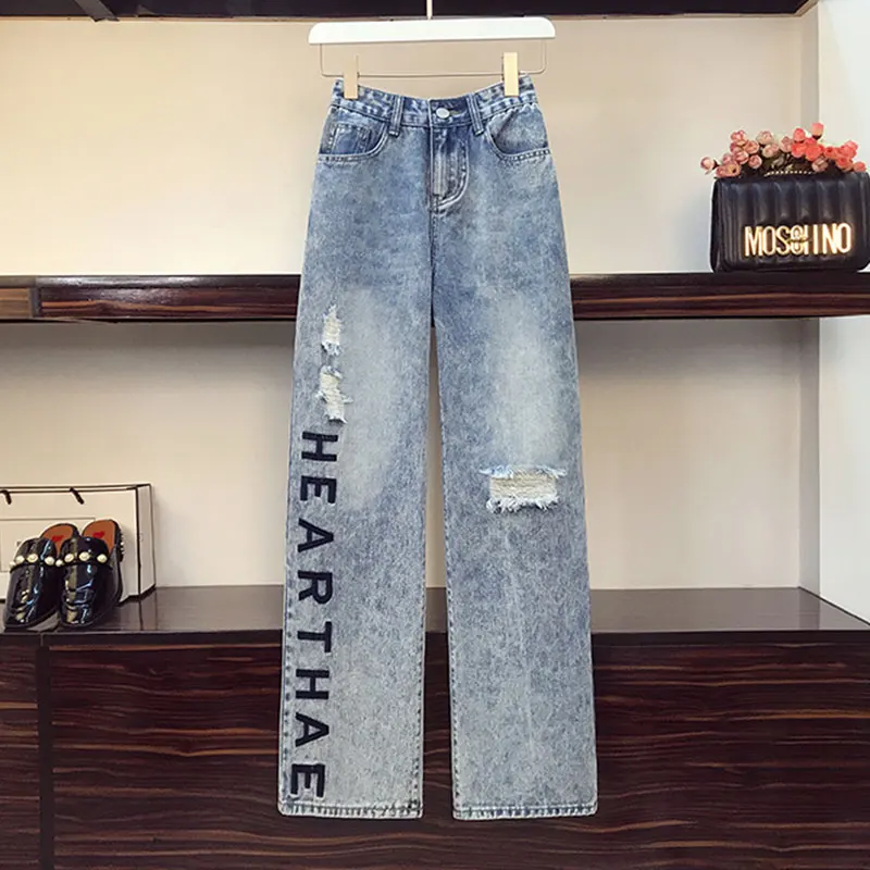 

Autumn Korea Fashion Women High Waist Loose Jeans Trousers Letter Embroidery vintage Ripped Denim Wide Leg Pants Plus Size M643