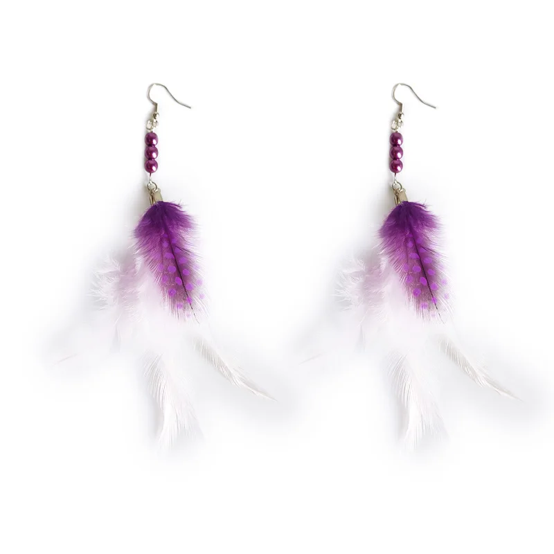 Cpop Boho Purple White Feather Earrings for Women Girl Beads Fashion Statement Ethnic Jewelry Accessories Gifts | Украшения и