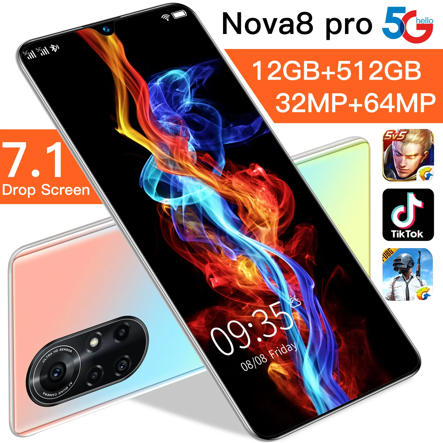 

Global Version Nova8 Pro 7.1 Inch Smartphone 12+512GB 6800mAh Android 10.0 Unlocked 5G MobilePhone Support Google GPS