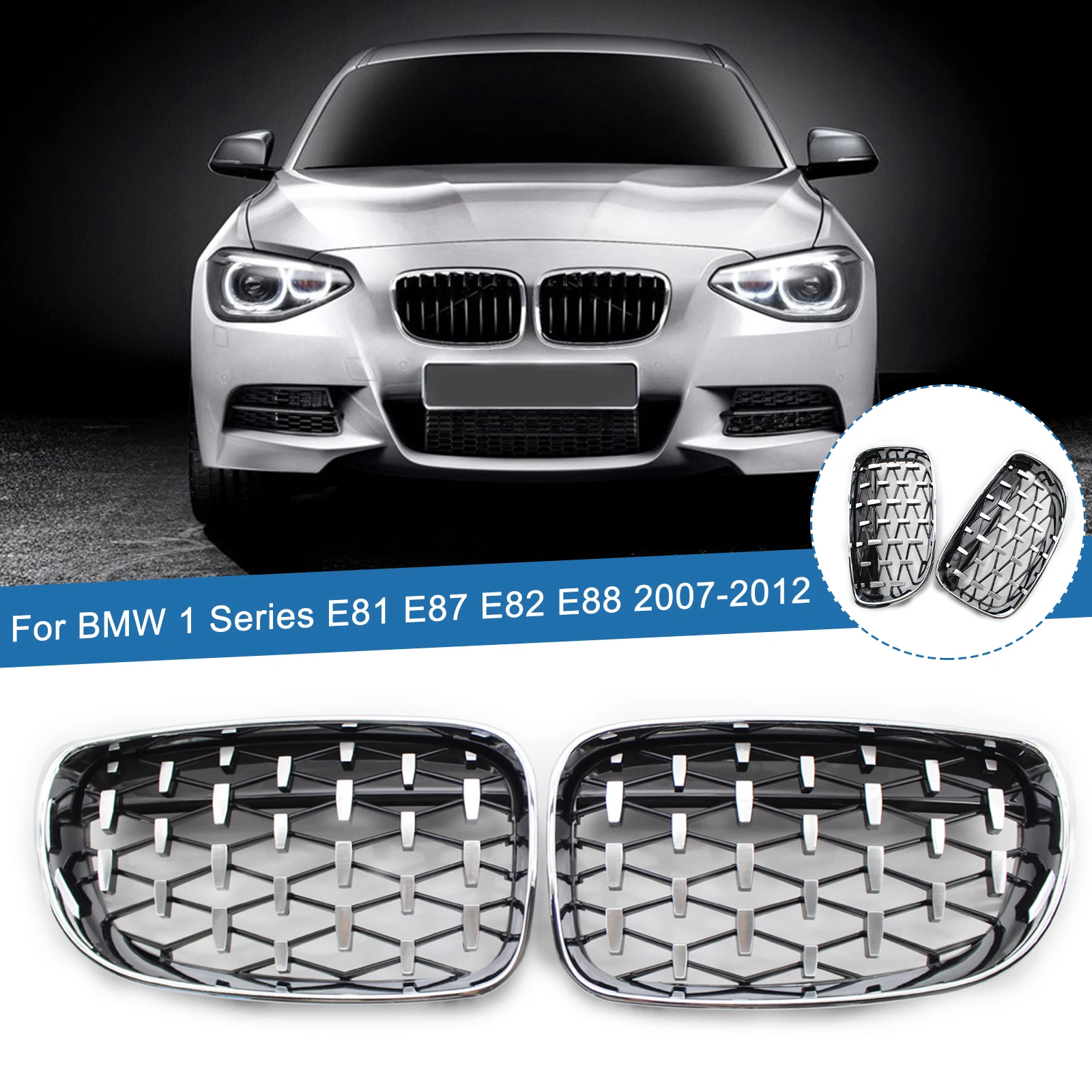 

Решетки для переднего бампера автомобиля, полностью серебристые, 1 пара, решетки с алмазным рисунком в виде почек, гоночный гриль для BMW 1 серии E81, E87, E82, E88 2007-2012
