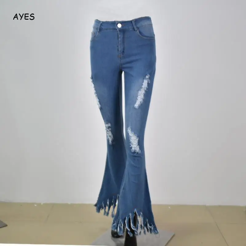 

Tassels Flare Jeans Women Casual Stretching Light Blue Jeans Girls High Street Hole Ripped Denim Pants Women Jeans Plus Size