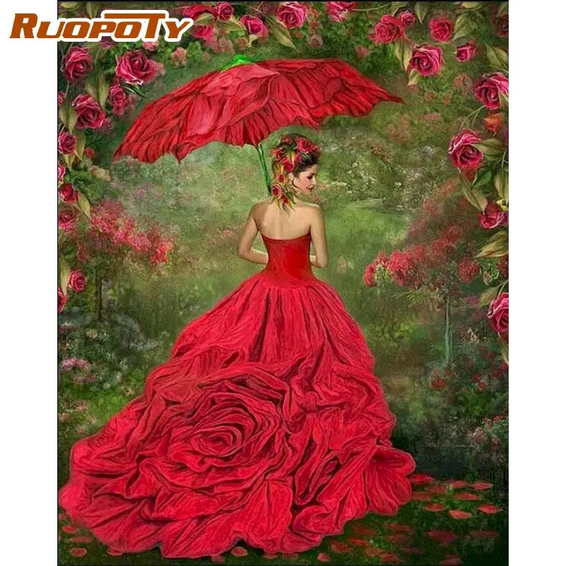 

RUOPOTY Red Dress Girl Figure Oil Painting By Numbers 60x75cm Frame On Canvas Handmade DIY Pictures Home Decoration Wall Photo